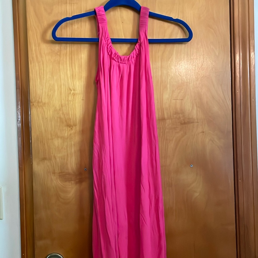 Shocking Pink coverup with elastic straps.